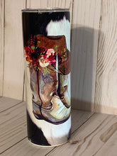 Load image into Gallery viewer, Country Cowgirl 20oz Tumbler, Boho Country, Farm Girl Cup, Cow Hide and Boots, Cowgirl Hat and Flowers, Stainless Steel Cup, Travel Cup,