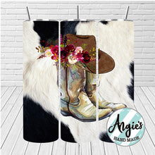 Load image into Gallery viewer, Country Cowgirl 20oz Tumbler, Boho Country, Farm Girl Cup, Cow Hide and Boots, Cowgirl Hat and Flowers, Stainless Steel Cup, Travel Cup,