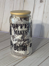 Load image into Gallery viewer, Coffee Makes Everything Better Glass Can Cup, 16oz Glass Cup, Iced Coffee Cup With Bamboo Lid and Plastic Straw, Coffee Cup, Boho Rainbows