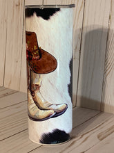 Load image into Gallery viewer, Country Cowgirl 20oz Tumbler, Boho Country, Farm Girl Cup, Cow Hide and Boots, Cowgirl Hat and Flowers, Stainless Steel Cup, Travel Cup,
