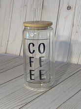 Load image into Gallery viewer, COFFEE Glass Can Cup, 16oz Glass Cup, Iced Coffee Cup With Bamboo Lid and Plastic Straw,
