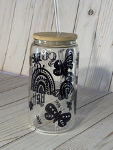 Load image into Gallery viewer, Coffee Makes Everything Better Glass Can Cup, 16oz Glass Cup, Iced Coffee Cup With Bamboo Lid and Plastic Straw, Coffee Cup, Boho Rainbows
